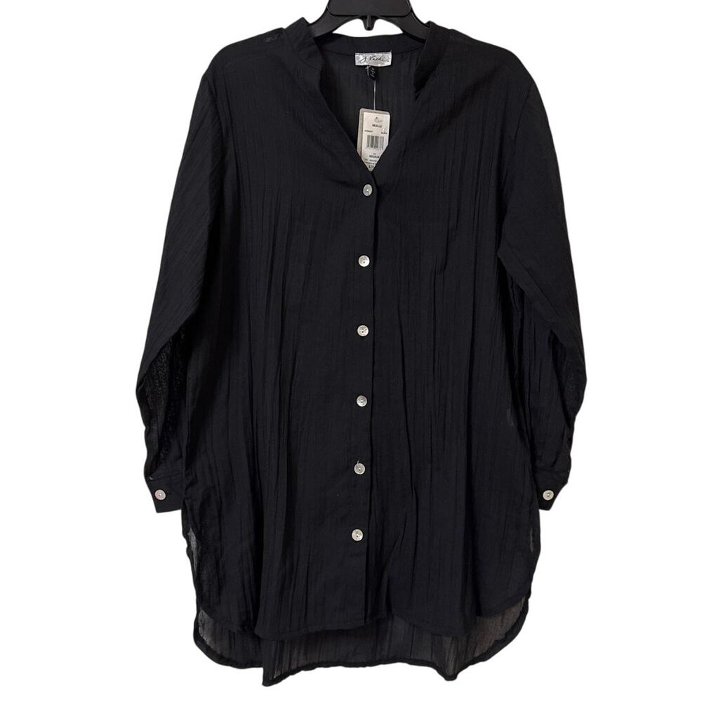 NWT J Valdi Medium Black Long Sleeve Cover Up Sheer Blouse Abalone Look Buttons
